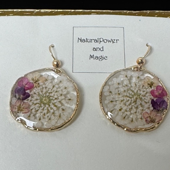 NWT‎ in Box Handcrafted Botanical Earrings Gold Purple Natural Power and Magic - Picture 7 of 7